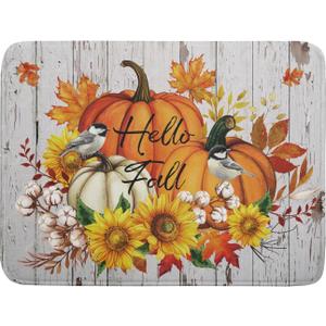Hello Fall Dish Drying Mat for Kitchen Counter 18x24 Inch Orange Pumpkin Absorbent Drying Pad with Hanging Loop Autumn Home Decoration