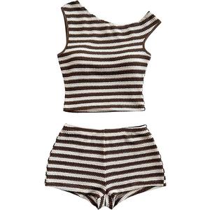 SOLY HUX Women's 2 Piece Striped Off The Shoulder Crop Tops and Mini Shorts Set Summer Y2K Going Out Outfits M