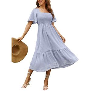 Glamaker Women's Short Sleeve Smocked Square Neck A Line Summer Flowy Midi Dress Light Blue Medium