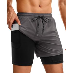 Mens Running Athletic Shorts with Zipper Pocket 5" Quick Dry 2 in 1 Liner Gym Sport Basketball Workout Swim (L)