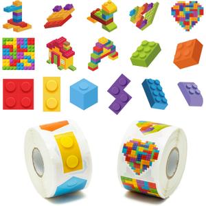 1000Pcs Block Stickers for Kids, 2 Roll Colorful Bricks Paper Self Adhesive Heart House Decal Peel and Stick Removable Toy Brick Lover Gift Birthday Party Supplies Bulk Decor Game