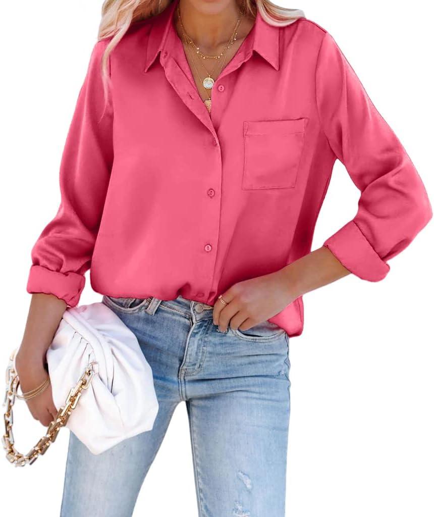 Pausus Satin Button Down Shirts for Women Long Sleeve Slim Fit Office Blouses Casual Business Silk Tops with Pocket (Large)