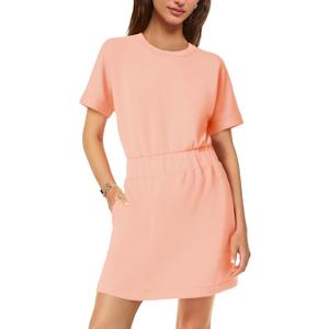 SENSERISE Womens Short Sleeve T Shirt Dresses Crew Neck Solid Color Basic Smocked Waist Dress with Pockets (Pink, L)