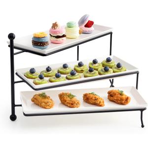 Sweese 3 Tiered Serving Stand, Foldable Rectangular Food Display Stand with White Porcelain Platters - Serving Trays, Dessert Display Server for Brithday Party, Valentine's Day and Events