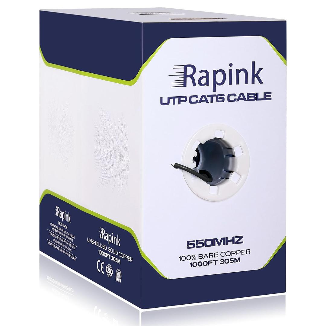 Rapink Cat6 Ethernet Cable 1000ft, Cat6 ethernet Cable 23AWG Solid Bare Copper 10G Support, UTP cat6 Cable 550MHZ, cat 6 Cable 1000ft POE Support Black