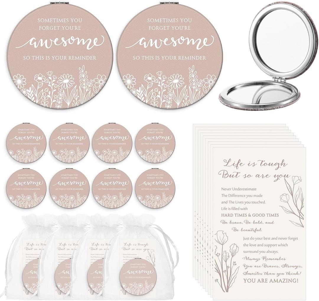 CroBlissful Mother's Day Inspirational Gifts for Women Bulk Wildflower Compact Mirror Makeup Purse Double Sided Folding Mirror Inspirational Gift Cards with Bag for Women(12 Set,Classic)