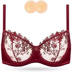 Wingslove Women's Sexy Lace Bra Demi Sheer Mesh Balconette See Through Bralette Unlined Underwire Embroidered 34DD
