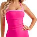 SUUKSESS Women Sexy Tummy Control One Piece Swimsuit Halter Retro Bathing Suit (Pink, XL)