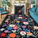 5X3 Feet Area Rugs for Living Room: Washable Rug Vintage Large Soft Boho Floral Non-Slip Carpet Indoor Floor Stain Resistant Thin Carpets for Bedroom Dining Room Farmhouse Nursery Home Office Black