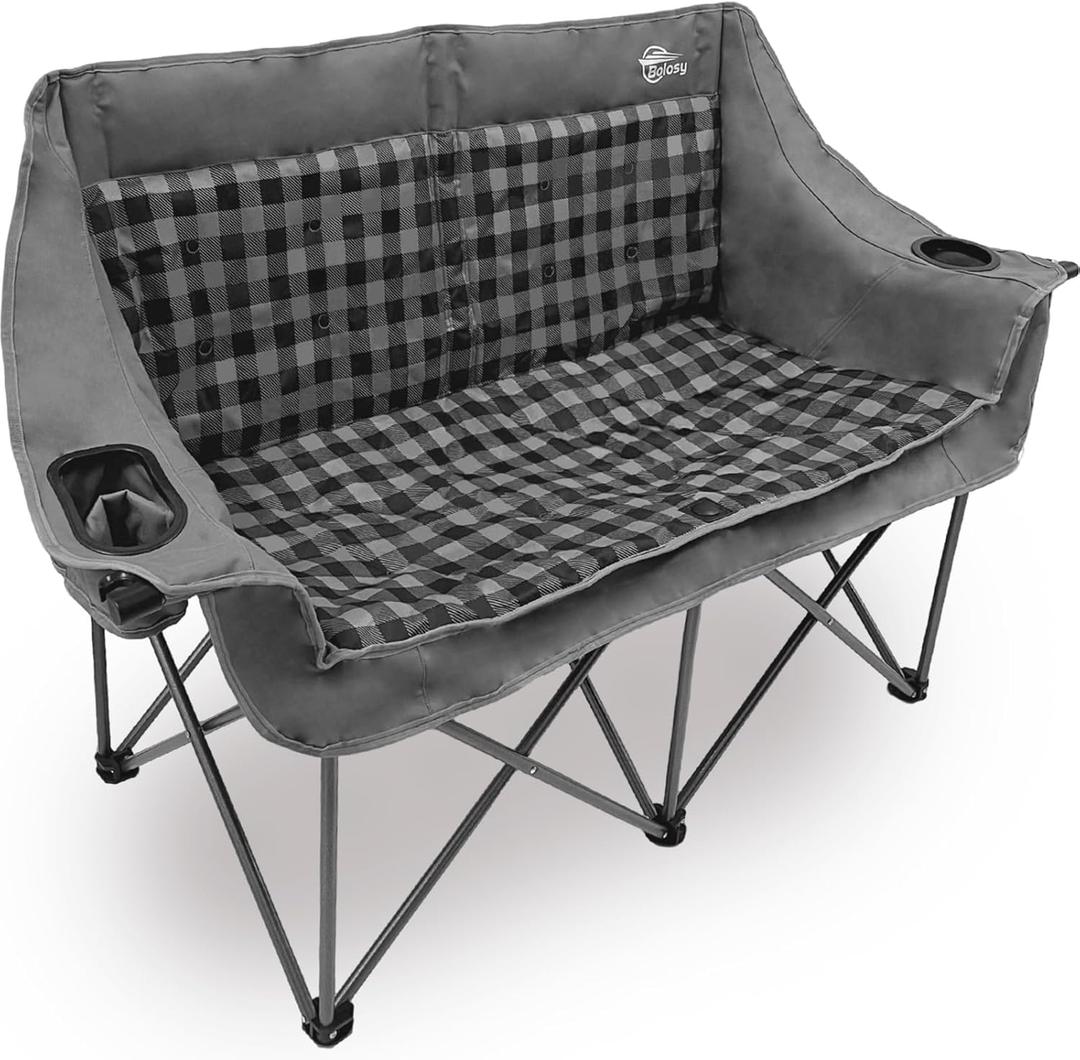 Double Camping Chairs Folding Chair Camping Loveseat Oversized 2 Person Camp Chairs for Adults Camping Couch Two Person Lawn Chairs Outdoor Sport Chair (Gray Plaid)