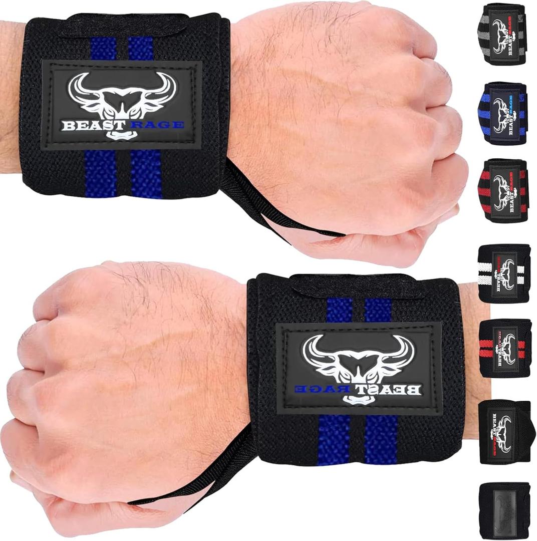 BEAST RAGE Wrist Wraps for Weightlifting - Adjustable Lifting Straps With Thumb Loop for Enhanced Gym Support, Powerlifting, Bodybuilding and Workout (Black/Blue)