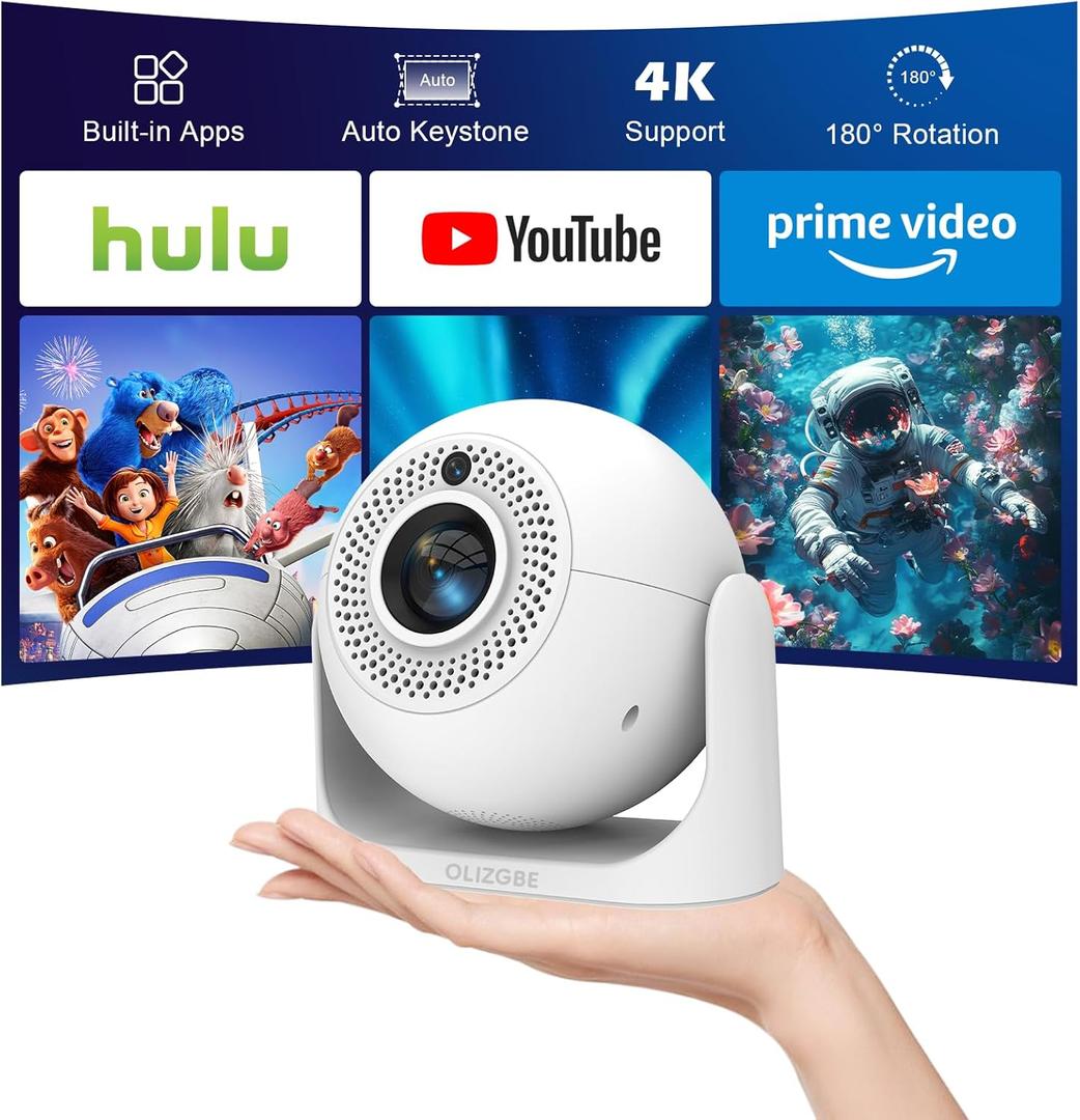 Mini Projector with WiFi and Bluetooth, Built-in Apps Portable Projector 4K Support, Auto Vertical Keystone & Auto Focus, 200 ANSI, 5W Speaker 180 Rotatable Smart Proyector for Movie Home Outdoor