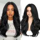 WIGER Wavy Layered Wig Pre Cut Middle Part Curly Wig with Curtain Bangs Light Yaki Glueless Synthetic Wigs for Women Heat Resistant Fiber Daily Party Cosplay Costume, Black