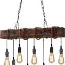 KEESFU 8-Lights Rustic Chandeliers for Dining Room, Farmhouse Wooden Ceiling Pendant Light, Height Adjustable, Rectangle Chandelier for Kitchen Island Dining Room Bar Pool Table Cabin.