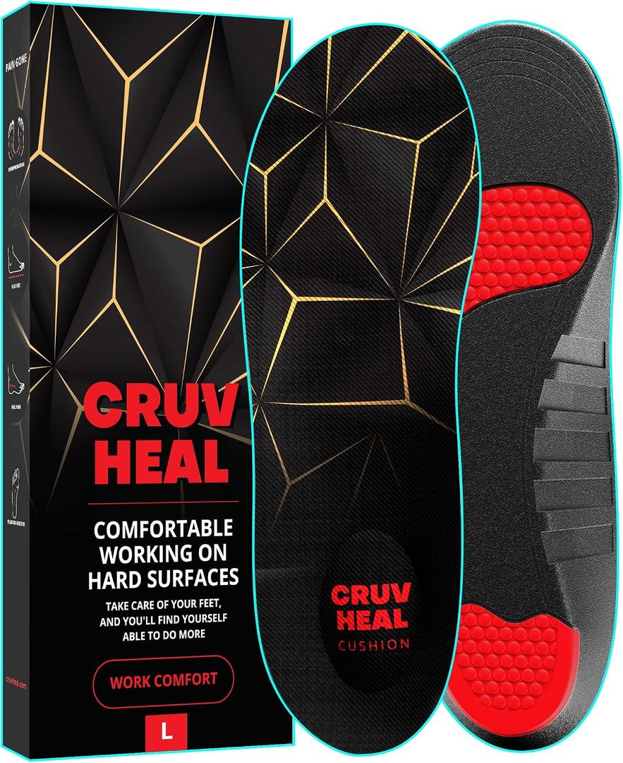 CRUVHEAL Work Pro Comfort Insoles - Shock Absorption - Low Arch - Cushioning Anti Fatigue Shoe Insert Men Women - Non-Slip - Soft Comfortable Work Boot Insoles - Foot Pain Relief (L, Black)