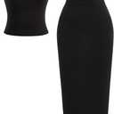 Women's 2 Piece Going Out Outfit Scoop Neck Crop Top and Fishtail Maxi Skirt Set (Black, S)