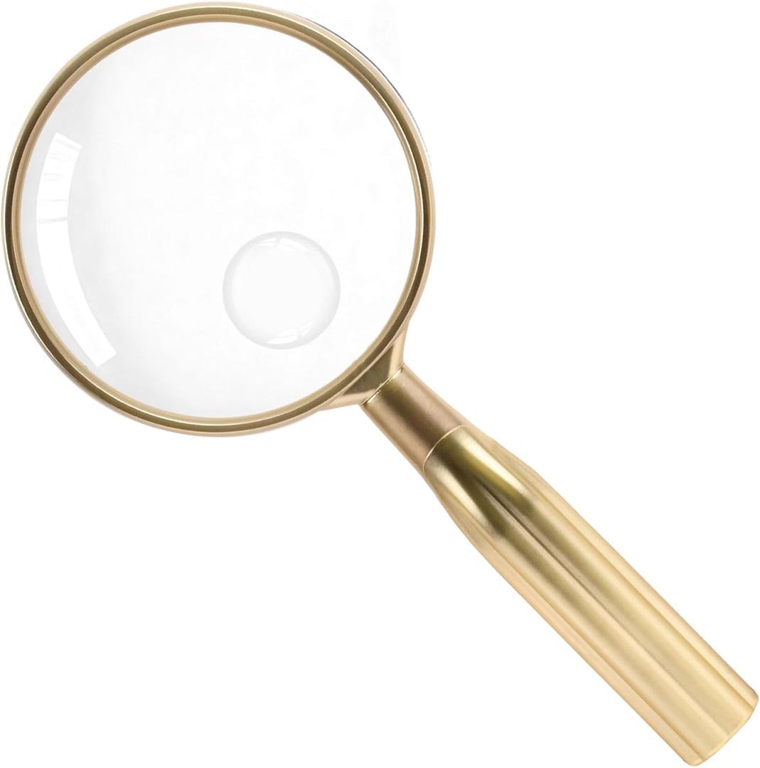 Lakei Magnifying Glass,10X Handheld Reading Magnifying Glass 75mm Shatter Resistant Lens, Non-Slip Handle, Suitable for Elderly Reading, Adults Close Work, Hobbies and Science (Gold)