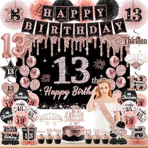13th Birthday Decorations for Girls, Black Rose Gold It's My 13th Birthday Banner, Balloons,Hanging Swirls,Cake Topper,Backdrop,Crown,Sash,Paper Fans,for Happy 13 Years Old Party Decor Supplies