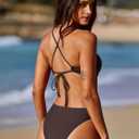 LASLULU Women's Sexy One Piece Swimsuits V Neck Padded Bathing Suit Modest Front Cutout Open Back Slimming Swimsuit (Brown, M)