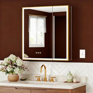 30x32 Premium Gold Framed Led Medicine Cabinet Mirror for Bathroom, 3-Color/Dimmable, Anti-Fog, Plug-in & Hardwired, Surface Mount & Recessed, Centered Outlets & USB Ports, Magnetic Area