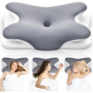 Cervical Pillow for Neck Pain Relief, Hollow Design Odorless Memory Foam Pillows with Cooling Case, Adjustable Orthopedic Bed Pillow for Sleeping, Support for Side Back Sleepers (Gray)