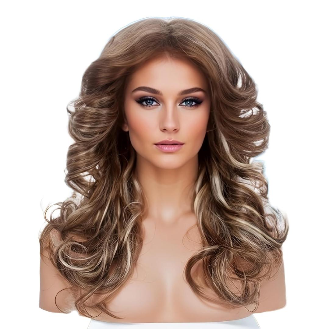 70s Feathered Wigs Synthetic Hair Heat Resistant Fibre Hair Full Wig for Women, Halloween, Retro Cosplay, Daily Party - Brown Highlight
