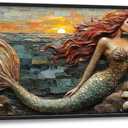 Large Beach Mermaid Wall Art for Living Room, Sunrise Coastal Canvas Oversized Wall Decor, Ocean Aesthetics Framed Pictures Painting Print Artwork for Bedroom Office 60L x 30W