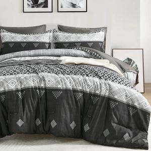 Xruibed Black Queen Comforter Set 7 Pieces, Black Grey Boho Striped Bed in a Bag Queen Size Soft Microfiber All Season Bedding Set with Comforter, Sheets, Pillowcases & Shams(90"90")