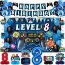 Vlipoeasn Video Game 8th Birthday Decorations for Boys, Blue Level 8 Banner Backdrop Honeycomb Centerpieces Hanging Swirls for 8th Birthday Party, Gamer 8 Years Old Party Supplies