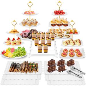 13pcs Dessert Table Display Set, 4pcs Tiered Cupcake Stand Holder Tower, 1pc Acrylic Dessert Display Riser, 6pcs Serving Trays, 2pc Tong Combo For Wedding Party Birthday Bride Baby Shower