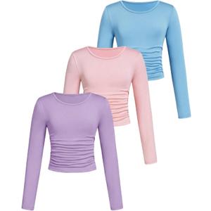 SOLY HUX Girl's 3 Piece T Shirt Crew Neck Long Sleeve Ruched Crop Tops Slim Fit Solid Basic Tee