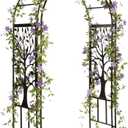 Plow & Hearth Metal Garden Arch Trellis Arbor Tree of Life Panels, 7 feet Freestanding Outdoor Arch Trellis for Climbing Plants, Pathway Entry and Wedding Garden Decor