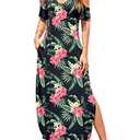 HUSKARY Women's Summer Maxi Dresses V Neck Cold Shoulder Short Sleeve Casual Loose Long Split Dress with Pocket Pink Flower, Large