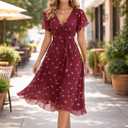 Summer Dresses for Women 2026 Floral Chiffon Dress Casual Short Sleeve Empire Waist Midi Dress Beach Vacation Outfits (Red, M)