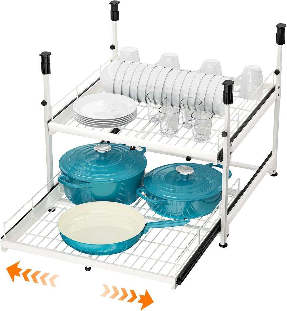 Hisencn Expandable 2-Tier Pull Out Cabinet Organizer, 13"-21" Wide Slide-Out Drawers, No-Drill Installation, Kitchen Cabinet Organizer and Storage for Pots and Pans  21" Deep, White (21"D x 13.4"-20.9"W, White)