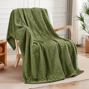 Exclusivo Mezcla Soft Fleece Throw Blanket for Couch, Cozy Lightweight Blankets with Decorative Wave Textured Suitable for All Season Use, Olive Green, 50x70 Inches