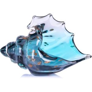 Sea Glass Art Figurines Hand Blown Conch Shell Sculpture, Green Glass Decor Creative Seashell Statue - for Coastal Room Knick Knacks, Home Kitchen Decorations Above Cabinets (Teal)