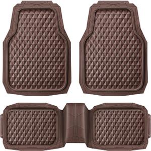 CAR PASS Heavy Duty Rubber Car Mats, Deep Dish All-Weather Floor Mat for Car Full Set Durable Anti-Slip 3D Rhombus Waterproof Trim to Fit Liner Universal Fit Automotive,Sedan,SUV,Truck, 3 Piece Brown