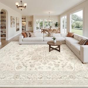 10x12 Area Rug for Living Room: Vintage Boho Neutral Washable Rug Indoor Soft Large Area Rug Carpet for Bedroom Nursery Farmhouse Dining Room Office Floor Non-Slip Low Pile Under Table Rug Beige White