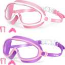 Seago Swim Goggles 2 Pack Anti-Fog Anti-UV Wide View Swimming Goggles for Kids 3-14 (Purple & Pink)