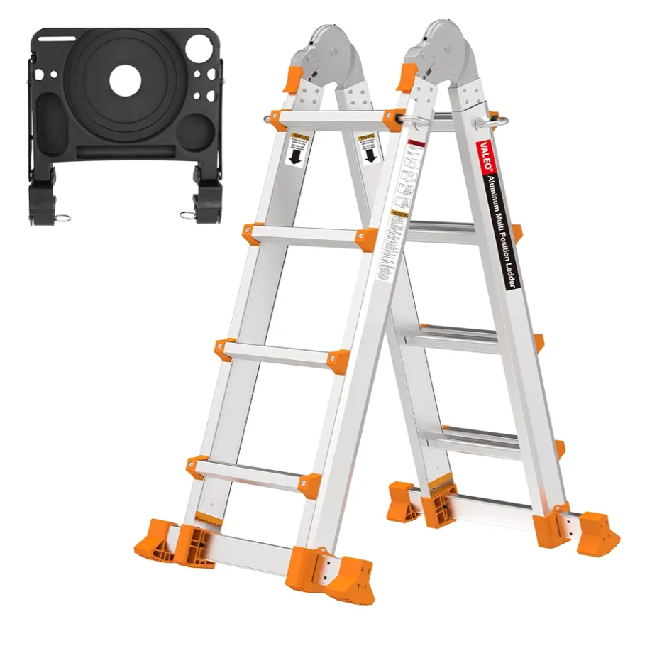 HBTower A Frame 4 Step Extension Ladder, 17 Ft Multi Position Ladder with Removable Tool Tray and Stabilizer Bar, 330 lbs Capacity Telescoping La dder for Household and Outdoor Work (Orange,17FT)