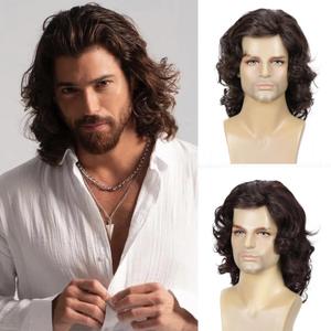 Long Hair Wig for Men Men's Brown Wig Natural Wavy Curly 70s 80s Rocker Cosplay Synthetic Wigs for Halloween Accessory(Brown)