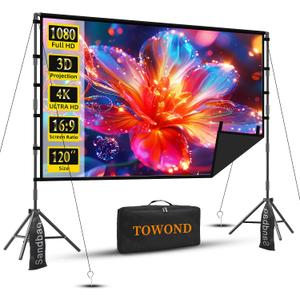 Projector Screen with Stand, TOWOND 120 inch Portable Projector Screen Black Backing, Outdoor Movie Screen 16:9 4K HD Wrinkle-Free Projection Screen with Carry Bag for Backyard Sports Viewing Parties
