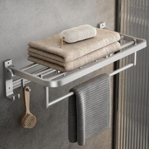 Towel Rack Wall Mount for Bathroom with Towel Bar and Hooks 23.6 in Foldable Towel Shelf Lavatory Towel Organizer Matte Silver