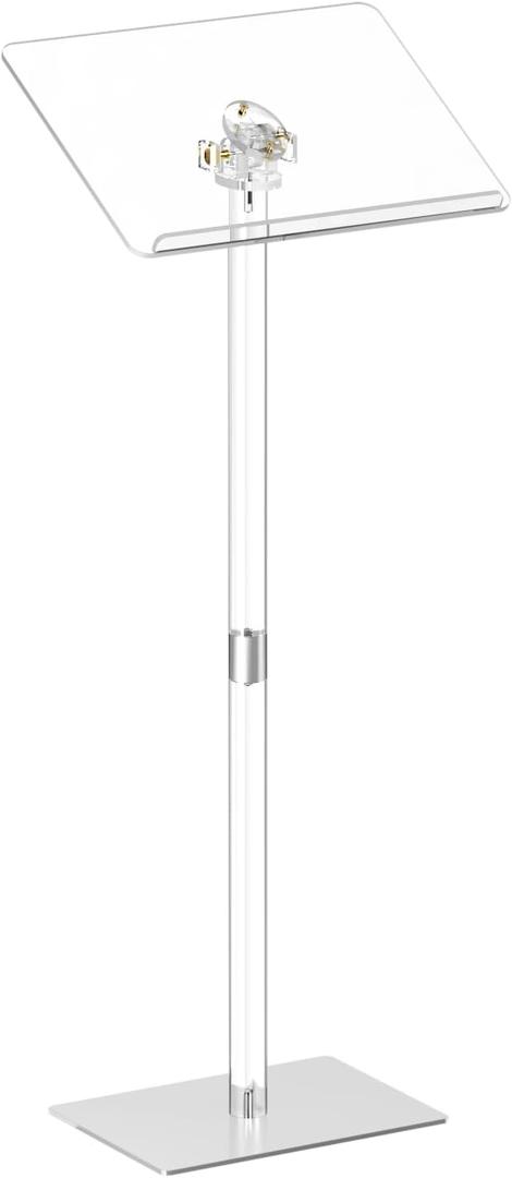 HMYHUM Small Acrylic Podium Stand, Angle Adjustable, 17.7" L x 13" W x 42.3" H, Modern Lecterns & Pulpits for Classroom, Concert, Church, Speech, Easy Assembly, Metal Base, Clear, Medium