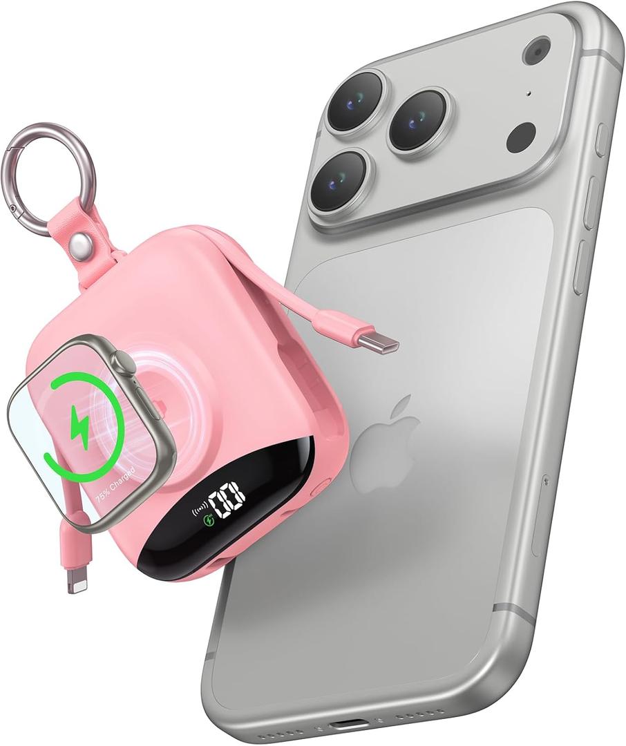 Portable Charger, 10000mAh 22.5W Fast Charging Power Bank with Built-in Cables, Travel Essentials Battery Pack with LED Display for iPhone, Portable iWatch Charger for 11/10/9/8/7/6/5/4/SE/Ultra Pink