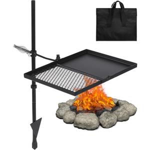Swivel Campfire Grill Grate and Griddle, Adjustable Fire Pit Grill Grate Over Fire Pit, Camp Fire Cooking Grate with Carrying Bag for Outdoor Camping BBQ, Rectangle Black