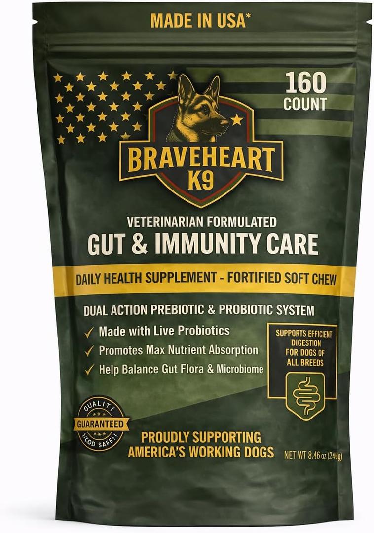 Braveheart K9 Gut & Immunity Care Dog Supplement, Veterinarian Formulated, Dual Action Prebiotic & Probiotic System, Fortified Soft Chew, 160 Count, BBD 10/31/2027