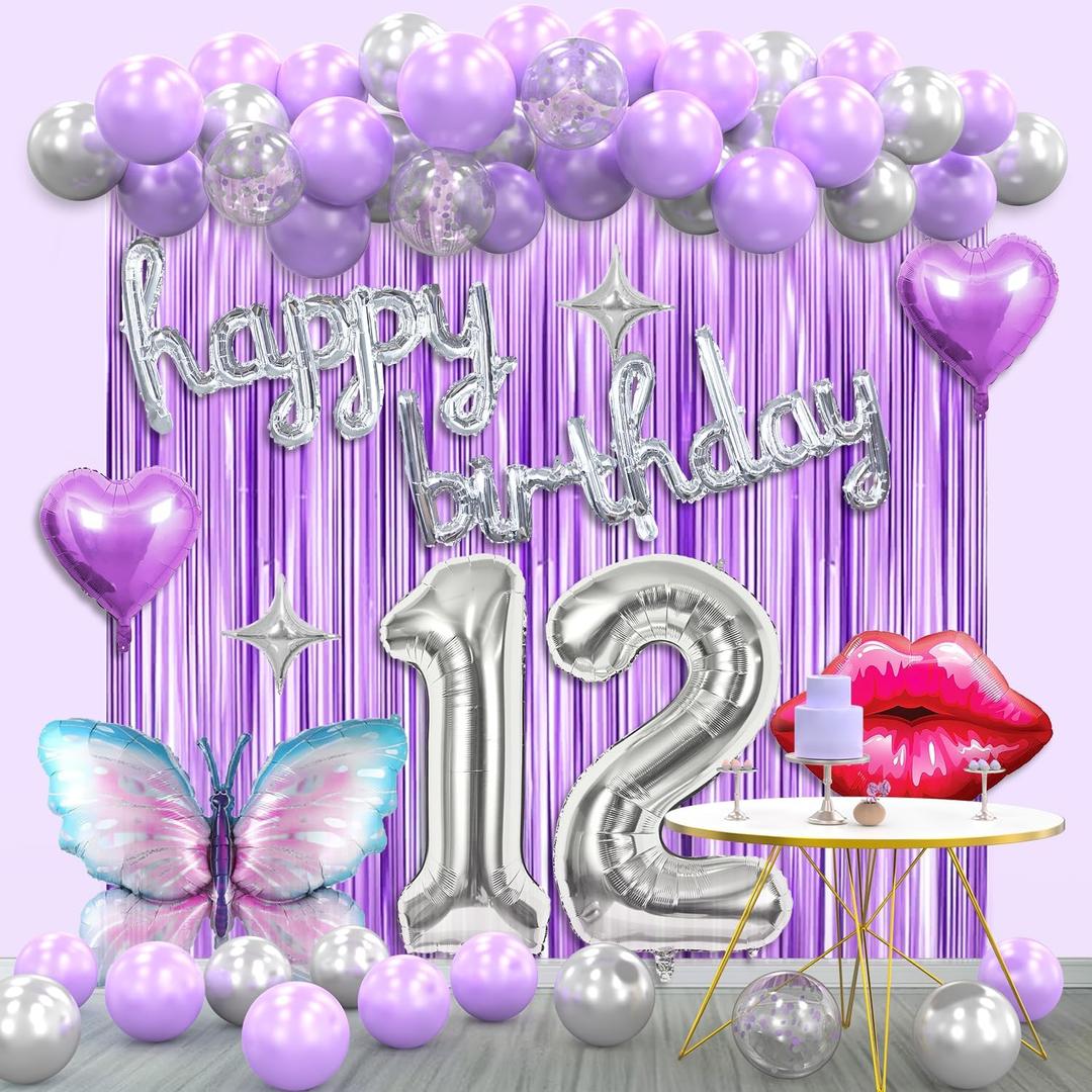 12th Birthday Decorations for Girls -Lavender Purple Silver Butterfly Happy 12 Years old Birthday Decor Set with Banner, Number 12 Balloons, Balloon Arch Kit