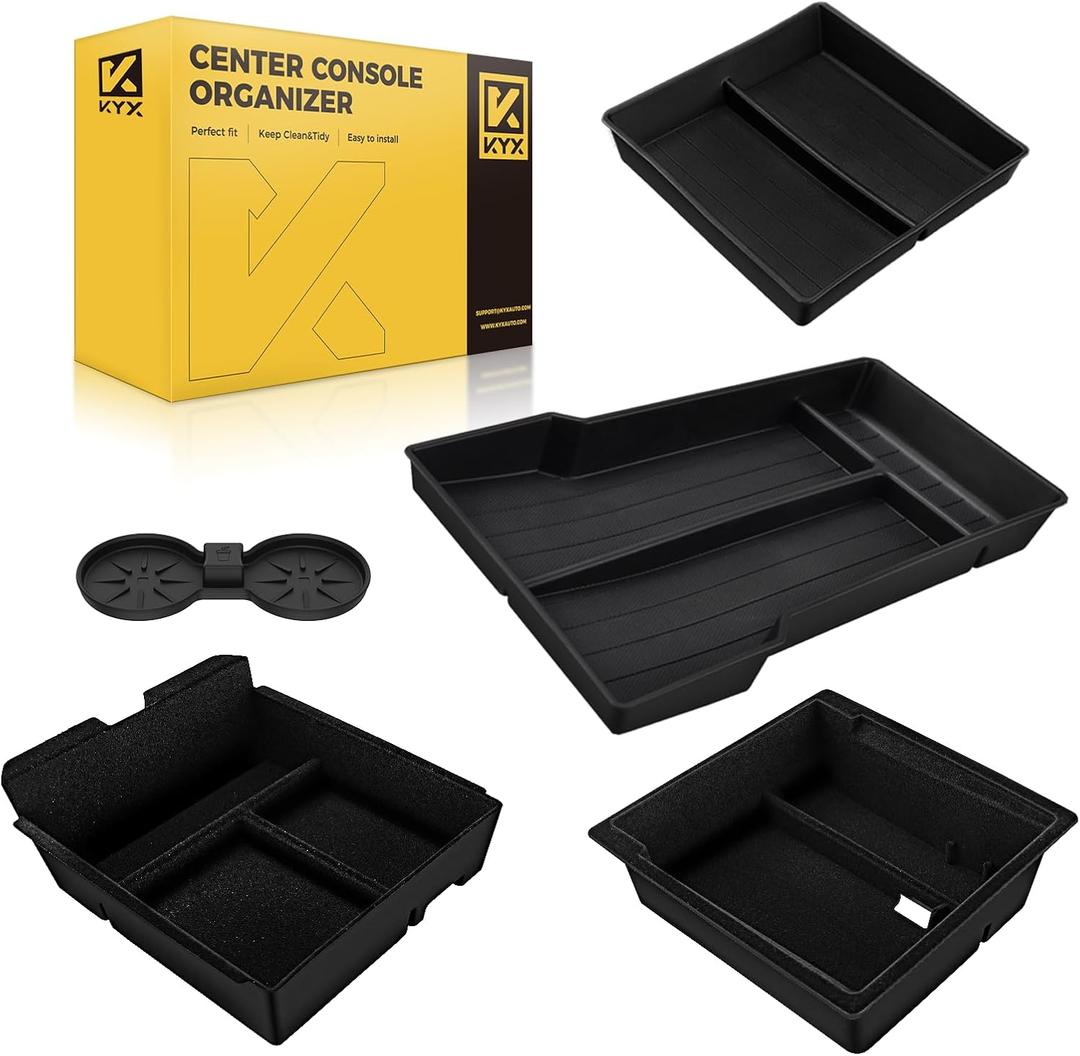KYX 2024 2025 Tesla Model 3 Highland & 2025 New Model Y Center Console Organizer | Dual-Layer Sliding Storage Box, 5-Piece Set - Black | Not Compatible with Older Model Y 2021-2025
